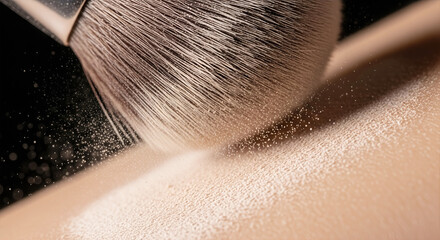 A makeup brush gently applies translucent powder, creating a soft cloud of dust on skin. 