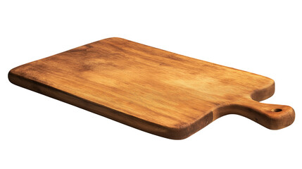 A brown wooden cutting board with smooth surface and natural grain, isolated on a white or transparent background.