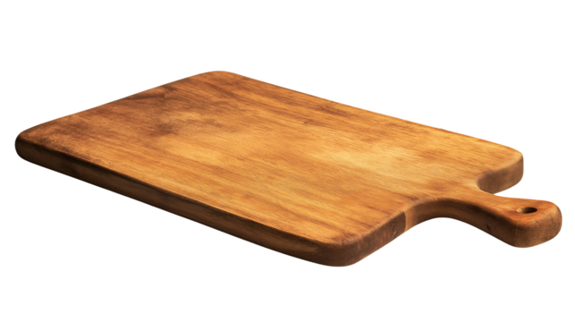 A brown wooden cutting board with smooth surface and natural grain, isolated on a white or transparent background.