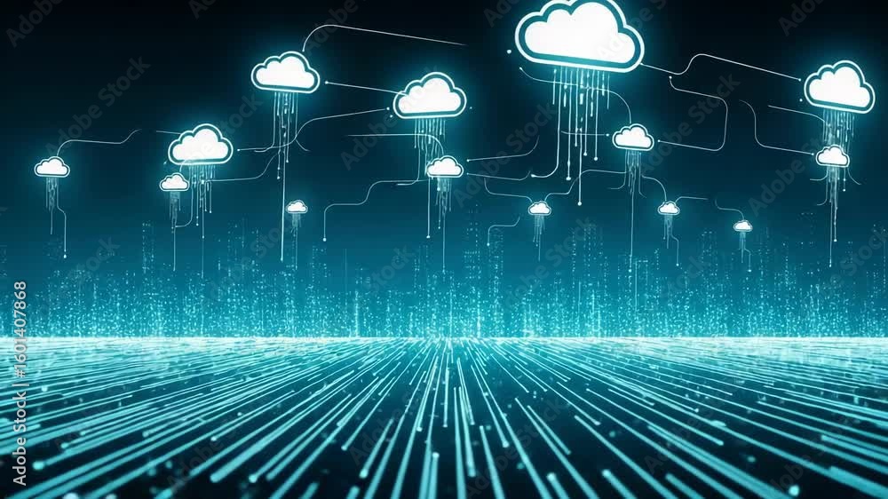 Poster digital cloud computing network connecting a futuristic cityscape with glowing data streams