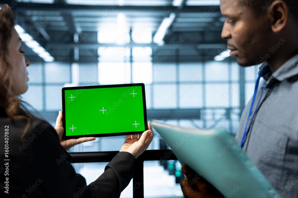 Poster team of admins in data center using green screen tablet, refining server virtualization strategies. 