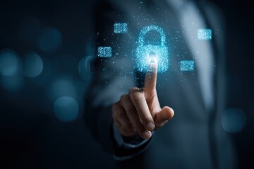 Cyber Security Protection: Digital Lock Activated by a Businessman's Touch on Transparent Background