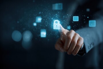 Futuristic cybersecurity depiction featuring human hand touching digital padlock with glowing particles on transparent background