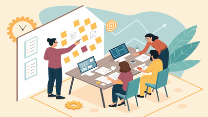 Team brainstorming session, perfect for illustrating project management, teamwork, and collaboration on a website or presentation.