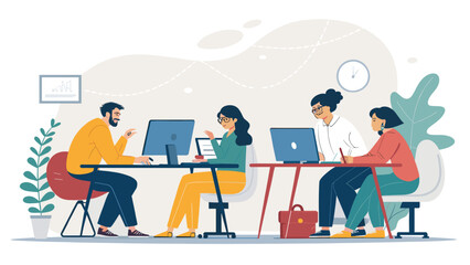 Diverse team collaborating in a modern office, perfect for illustrating teamwork and productivity on a company website or brochure.