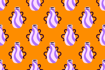 Creative pattern of purple ceramic vases with wavy shapes and handles on orange background