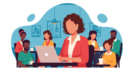 Diverse group of people working and relaxing in a cafe, perfect for illustrating teamwork, collaboration, or modern work culture.