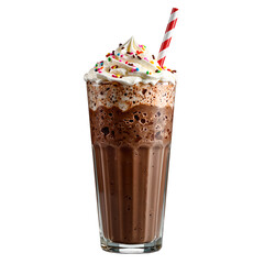 A decadent chocolate milkshake topped with creamy whipped cream and colorful sprinkles presented elegantly on a white background