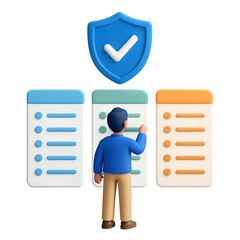 Secure Decision Making: A person, rendered in vibrant 3D illustration, deliberates amongst a selection of checklists beneath the protective symbol of a shield and a checkmark.