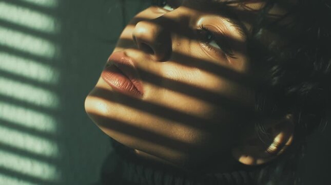 A woman's face partially obscured by the shadows of window blinds creating a striped effect on skin