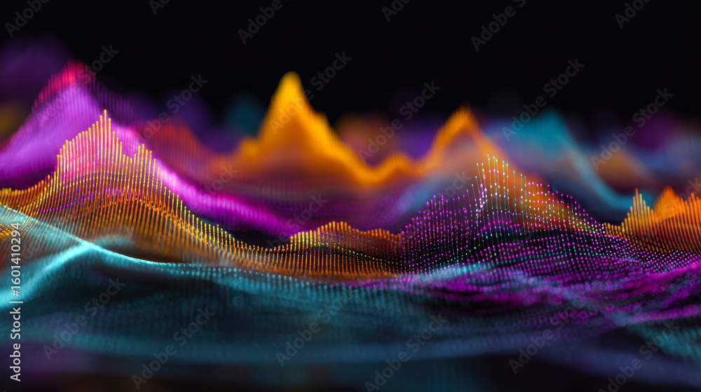 Poster vibrant digital waveforms illustrating data visualization and sound elevation patterns