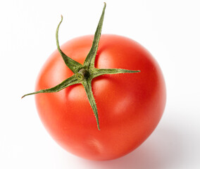Fresh ripe tomato with green stem isolated on white background. Perfect for food, health, organic produce, and cooking-related themes.