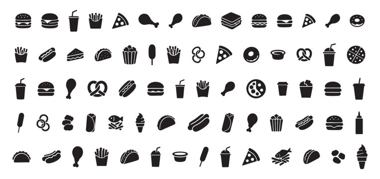 Set of Black silhouettes of diverse fast food items and beverages, isolated on white background concept of snacks, burgers, pizza, soft drinks, cafe, menu design, junk food, takeout menu, snack icons