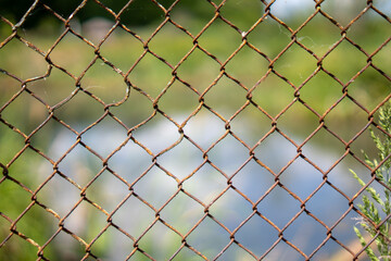 Fototapeta premium Rusted chain-link fence with blurred background