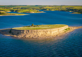 Scenic aerial view of lake Sakakawea shoreline at sunset in North Dacota