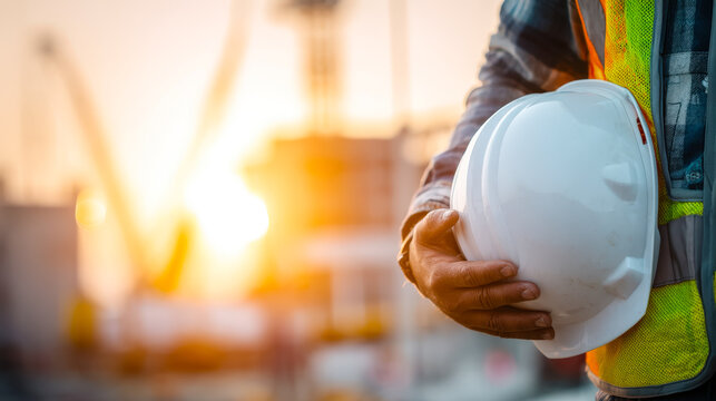 Construction worker holding a safety helmet at sunset construction site