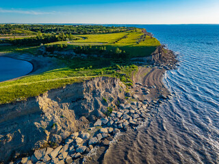 Scenic aerial view of lake Sakakawea shoreline at sunset in North Dacota