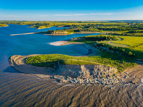 Scenic aerial view of lake Sakakawea shoreline at sunset in North Dacota