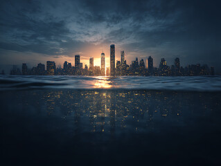 Obraz premium Dramatic cityscape at sunset over water with reflecting lights