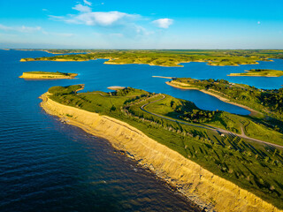 Scenic aerial view of lake Sakakawea shoreline at sunset in North Dacota