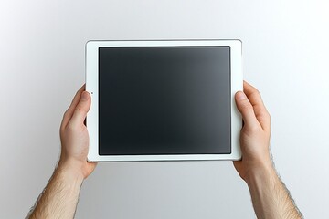 Close-Up of Hands Gripping a Digital Tablet with Modern Interface