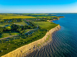 Scenic aerial view of lake Sakakawea shoreline at sunset in North Dacota