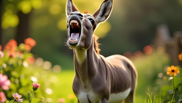 Donkey braying loudly in the yard