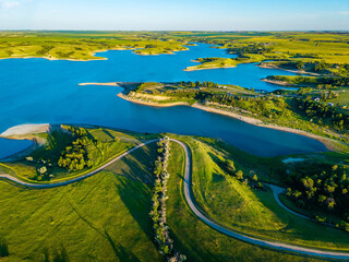 Scenic aerial view of lake Sakakawea shoreline at sunset in North Dacota