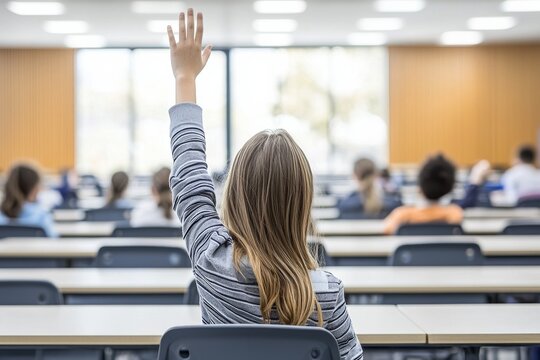 Engaged High School Student Raising Hand in Classroom Setting
