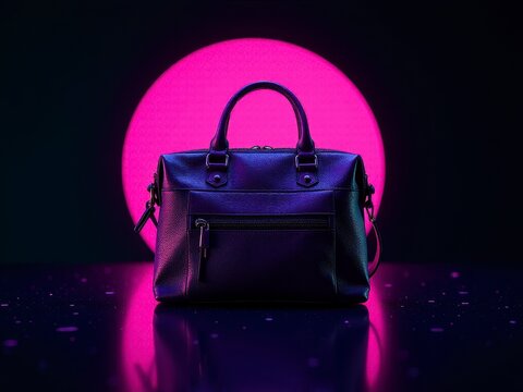 A fashionable handbag is displayed under striking lighting with a glowing pink circle in the background.