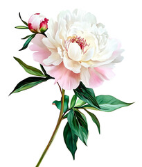 Delicate watercolor illustration of a blooming peony with soft pink and white petals and green leaves. Hand-painted botanical style, isolated on white background