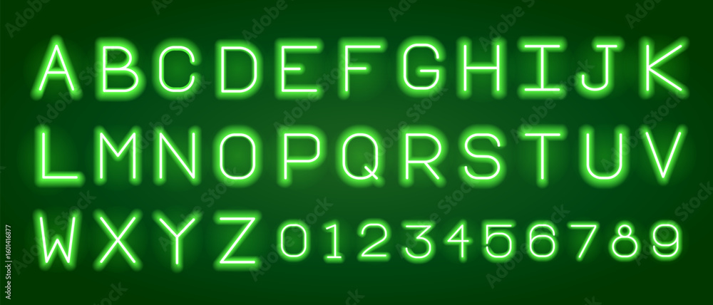 Fototapete vector green neon light alphabet letters. digital font with electronic letters, monitor characters, 