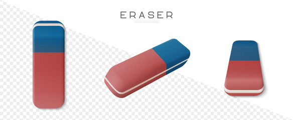 Eraser realistic vector illustration. Two color eraser for pencil and pen top and perspective view
