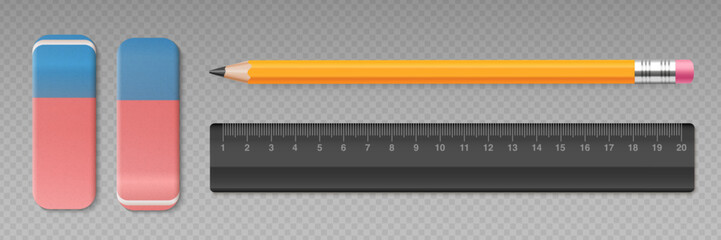 Ruler, pencil and eraser. School supplies. Realistic equipment tools. Vector illustration