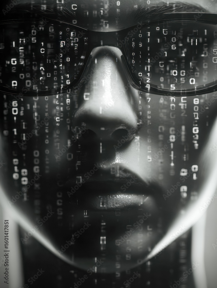 Poster human face with digital code overlay symbolizing cybersecurity and technology integration