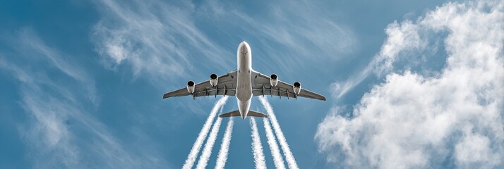 Commercial airliner soars majestically leaving white contrails in a blue cloudy sky, representing travel on transparent background
