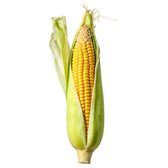 Fresh ear of corn with partially peeled husk showcasing vibrant yellow kernels Perfect for agriculture or food concepts
