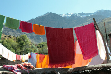 Laundry Hanging in Front of Mountain View – Imlil Village, Morocco.