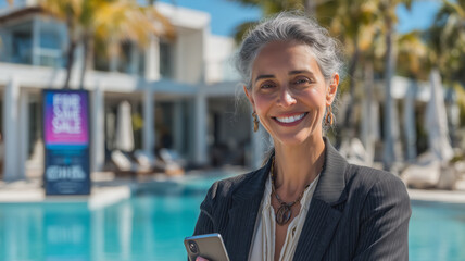 Middle-aged Hispanic woman enjoys sunny day by the poolside while smiling