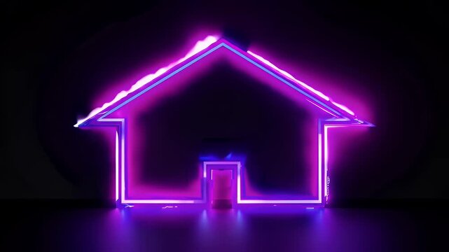 A glowing digital house symbol animates view against sleek black background rendered luminous neon light minimalistic style perfect smart home presentations futuristic tech design