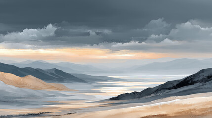 Fototapeta premium Watercolor landscape in slate blue and sand tones