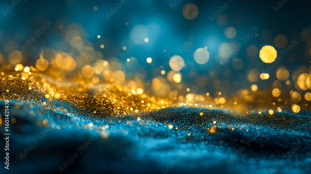 Poster glittering gold and blue bokeh with sparkling particles on a textured surface