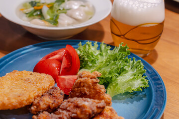 Japanese Dinner with Soup Dumplings and Fried Chicken / 水餃子と唐揚げの夕食
