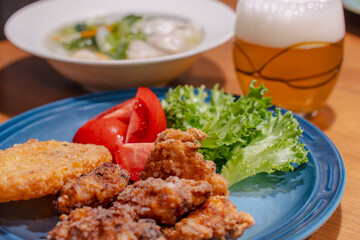 Japanese Dinner with Soup Dumplings and Fried Chicken / 水餃子と唐揚げの夕食
