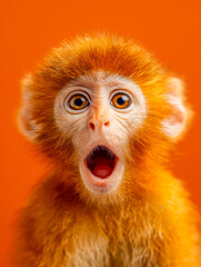 Obraz premium Surprised baby monkey with wide eyes and open mouth against vibrant orange background