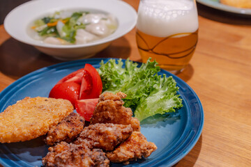 Japanese Dinner with Soup Dumplings and Fried Chicken / 水餃子と唐揚げの夕食
