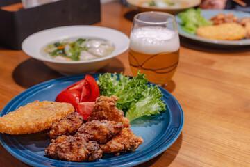 Japanese Dinner with Soup Dumplings and Fried Chicken / 水餃子と唐揚げの夕食
