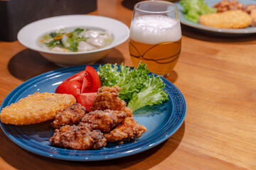 Japanese Dinner with Soup Dumplings and Fried Chicken / 水餃子と唐揚げの夕食
