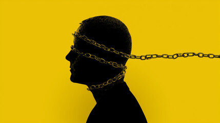 illustration of a male silhouette being chained by mental chains around the head and neck. isolated on yellow background