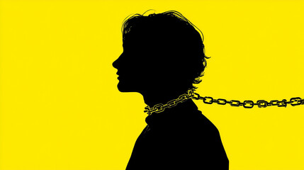 illustration of a male silhouette being chained by mental chains around the head and neck. isolated on yellow background